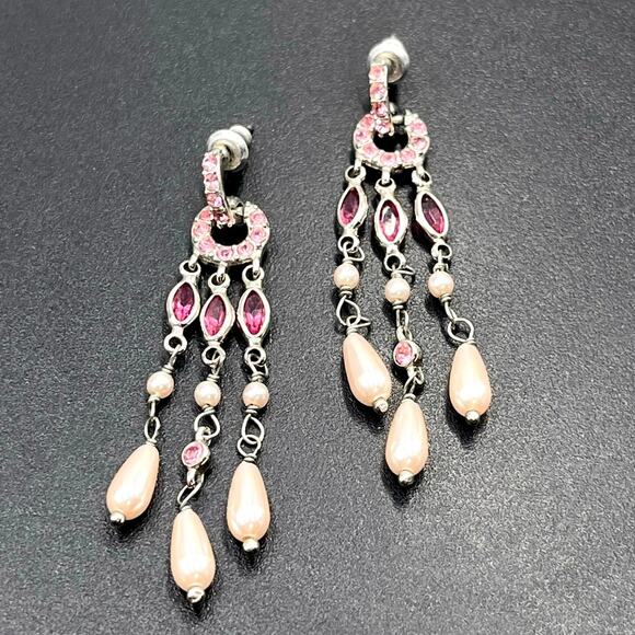Monet Pink Pave Rhinestone Faux Teardrop Pearls Dangle Chandelier Earrings - Picture 1 of 8